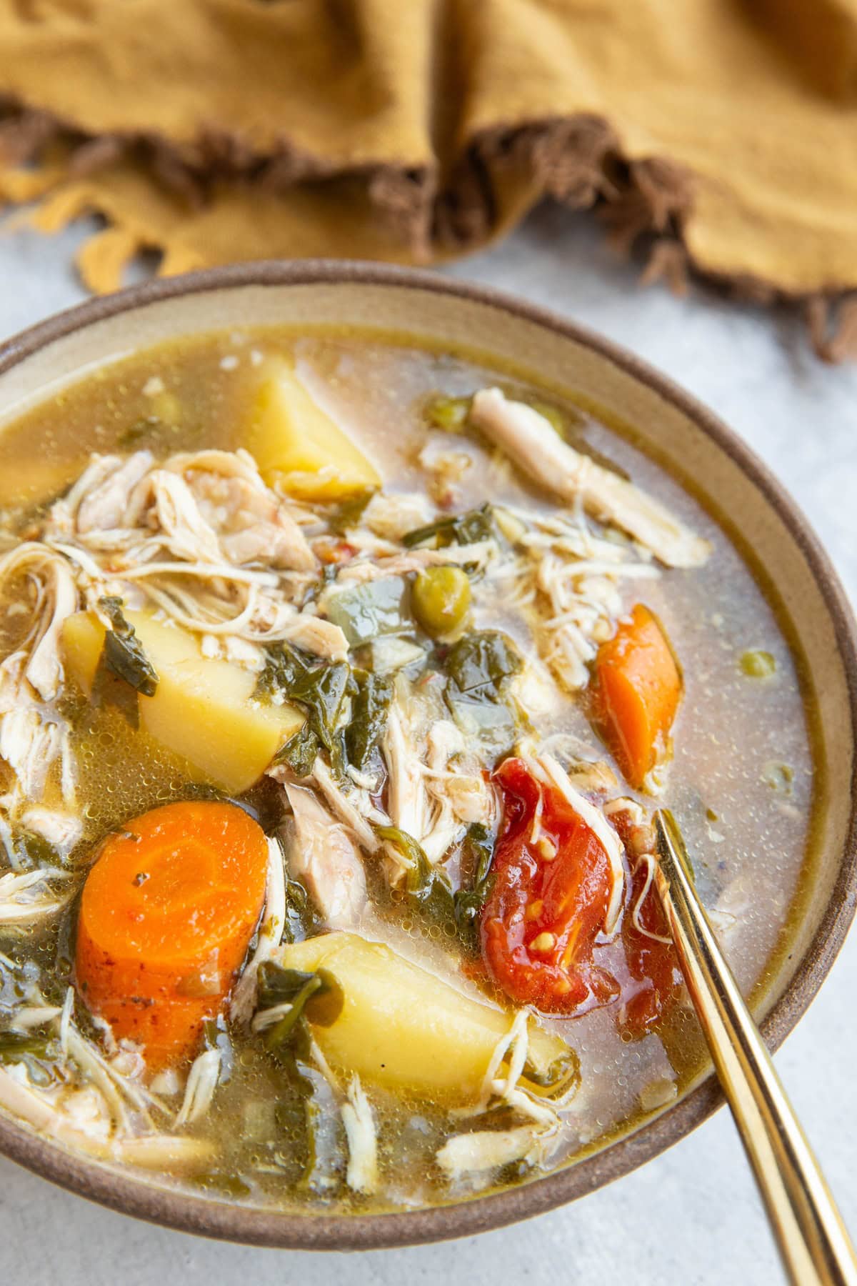 Big bowl of chicken stew with a golden spoon and a golden napkin in the background.