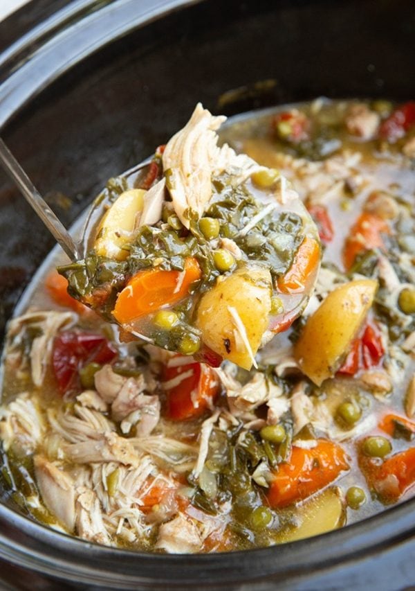 slow cooker full of chicken stew with vegetables.
