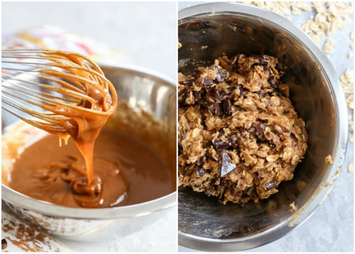 Mixing bowl with wet ingredients for oatmeal cookies next to a photo of a bowl of oatmeal cookie dough.
