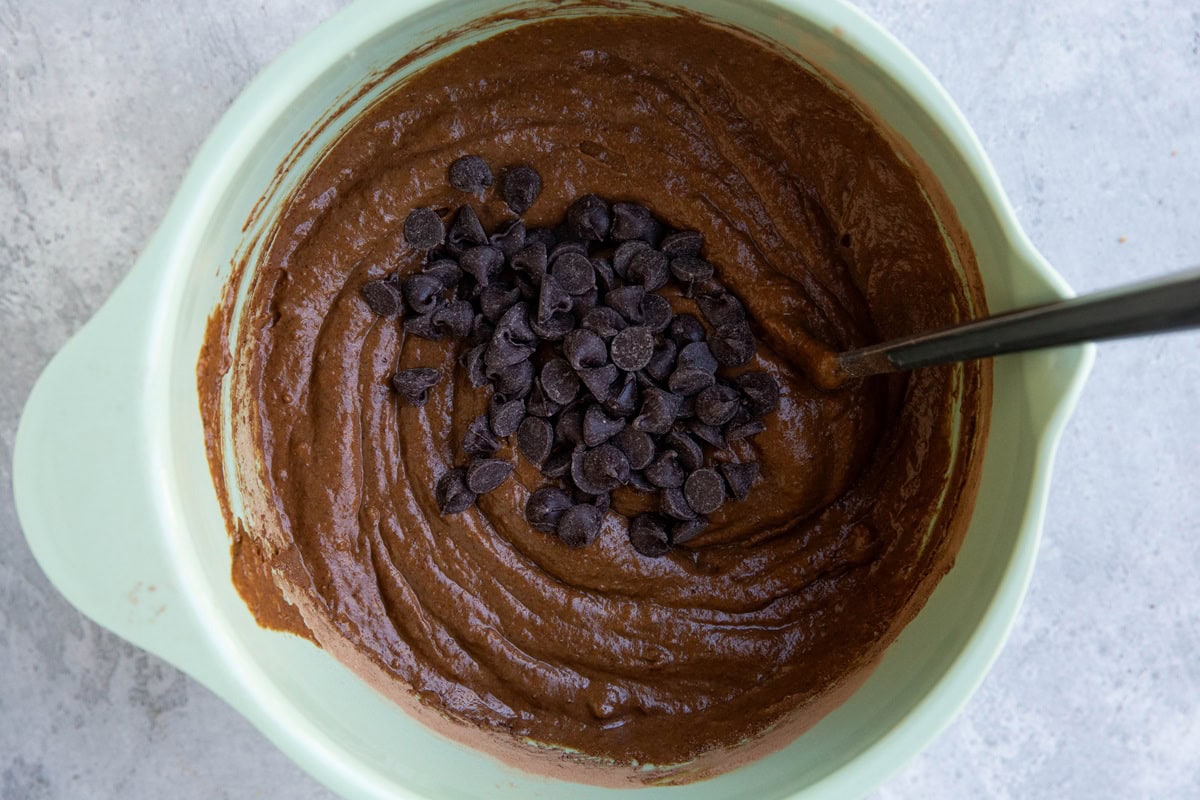 Chocolate pumpkin cookie batter in a mixing bowl with chocolate chips on top, ready to be mixed in.