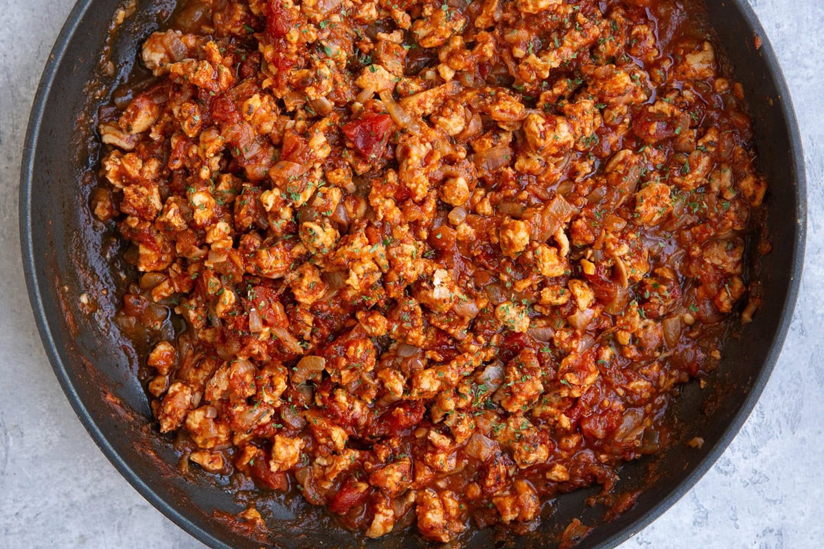 Turkey bolognese sauce in a large skillet, ready to use.