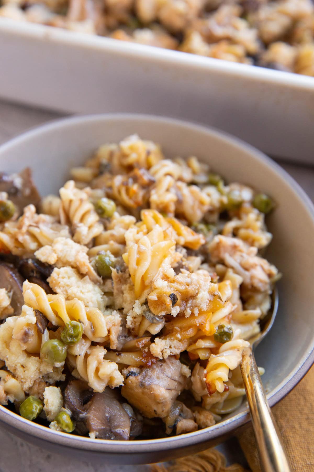 Bowl full of salmon noodle casserole with a gold spoon and a casserole dish in the background.