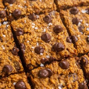 Sweet potato oatmeal bars with chocolate chips and sea salt cut into individual bars.