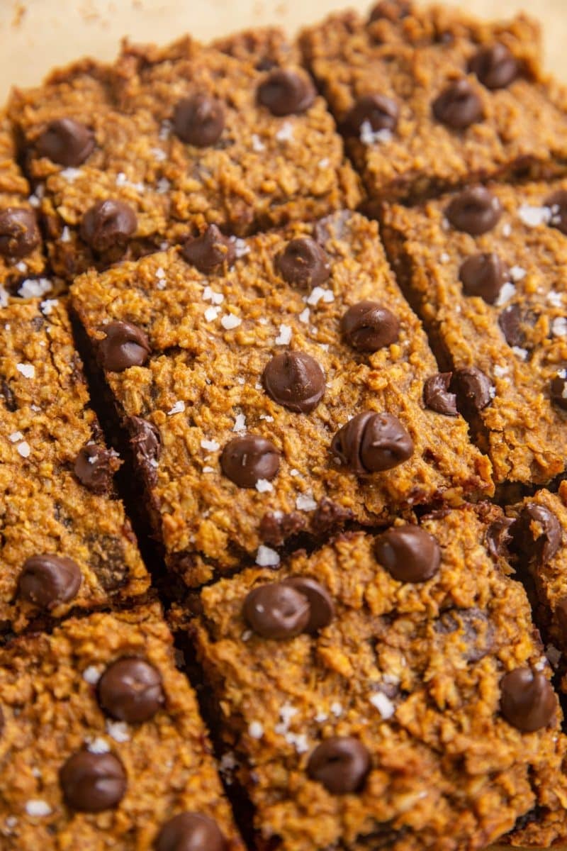 Sweet potato oatmeal bars with chocolate chips and sea salt cut into individual bars.