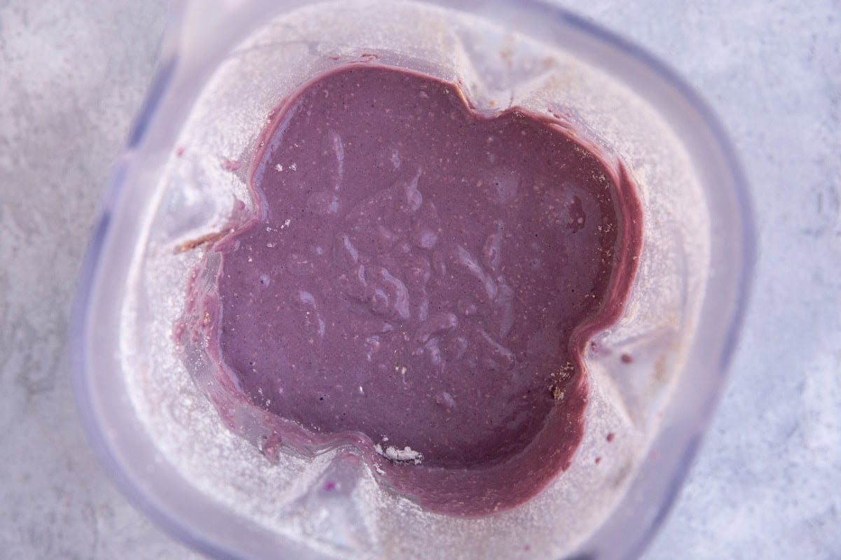 Purple sweet potato pancake batter in a blender.