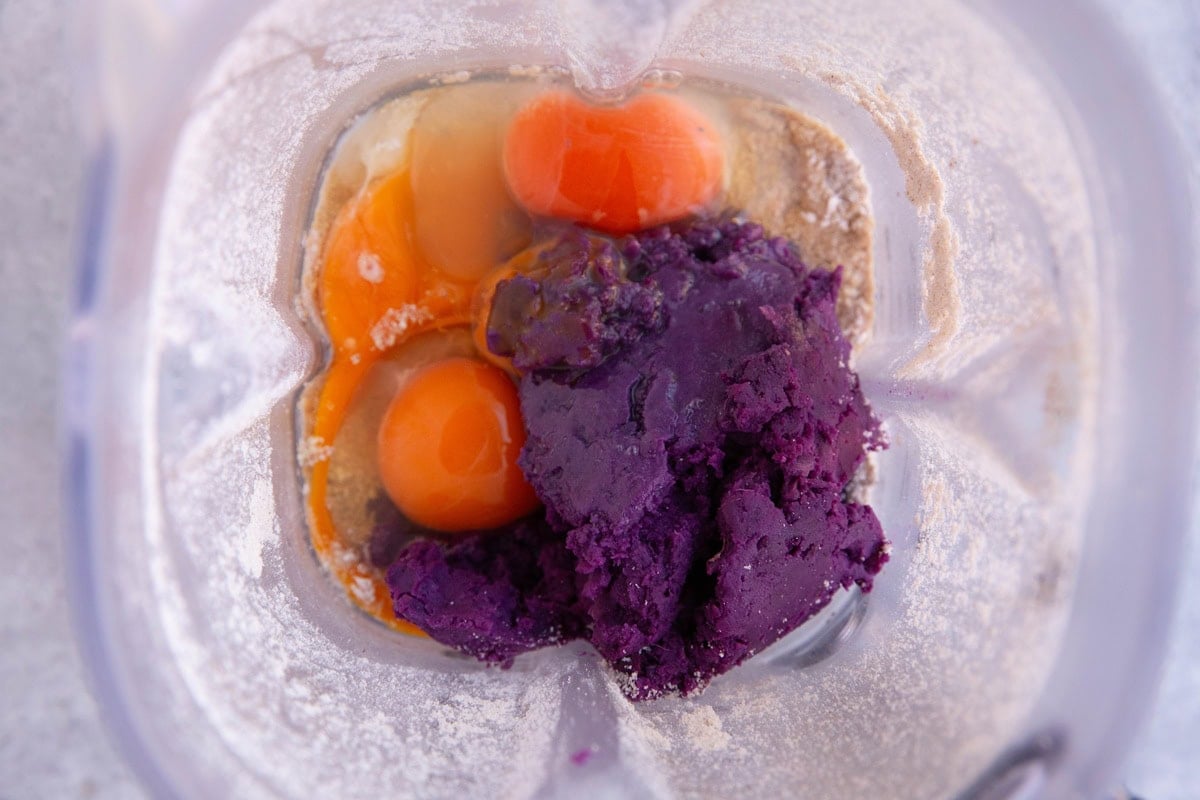 Cooked purple yam, eggs, and oats in a blender to make pancakes.
