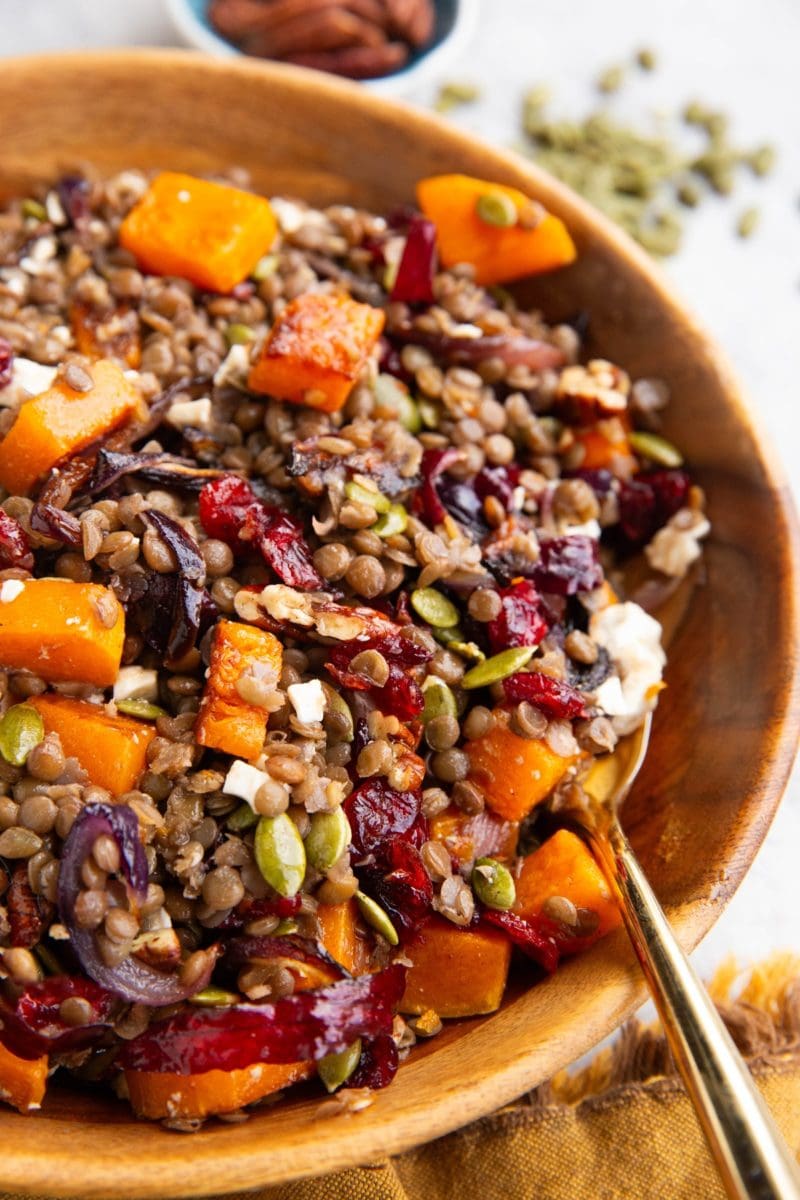 Butternut squash lentil salad in a large serving bowl with a golden spoon, ready to serve. Pecans and pumpkin seeds in the background.