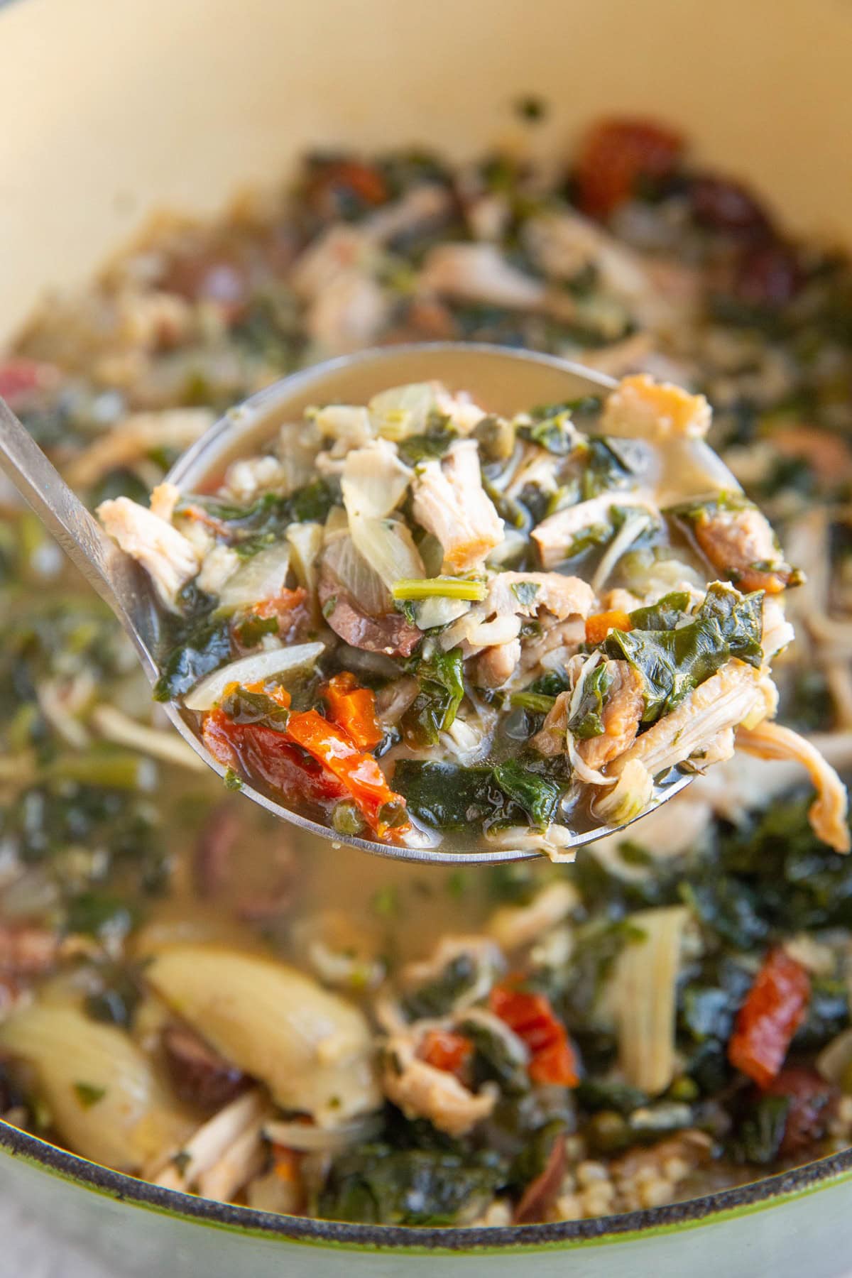 Mediterranean Chicken Soup with artichoke hearts, sun-dried tomatoes, capers, kalamata olives, brown rice, and spinach.