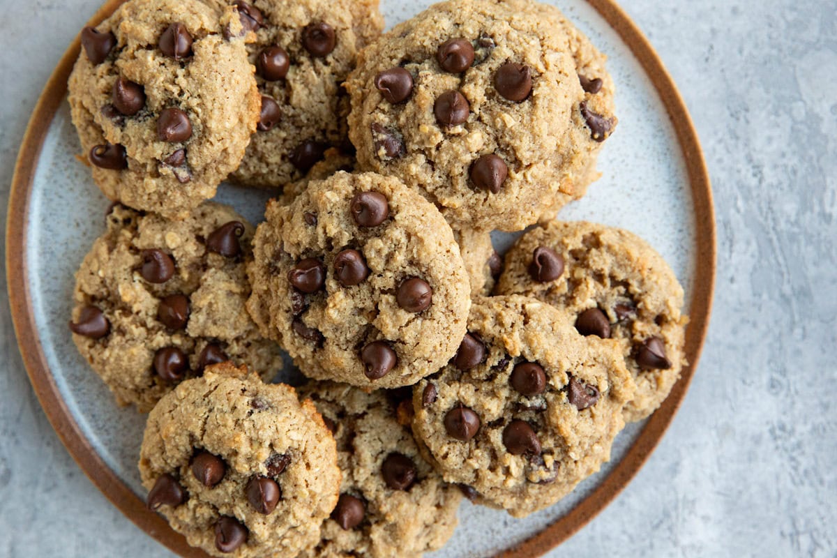 Plate full of chocolate chip oatmeal almond flour cookies, ready to serve.