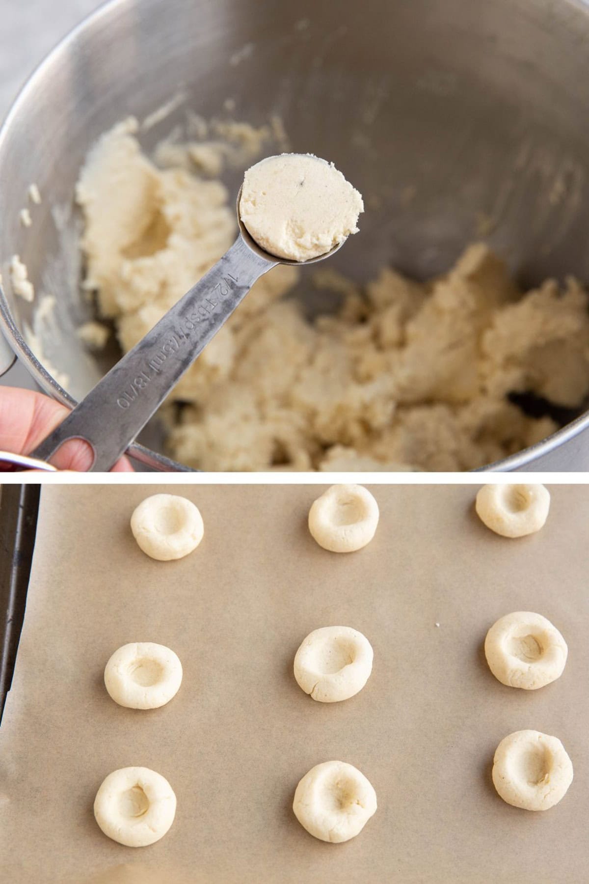 Two photos showing steps to prepare the recipe stacked on top of each other. The top photo is a hand holding a 1/2 teaspoon measuring spoon full of dough. The bottom photo is of 9 dough balls pressed into bowl shapes.