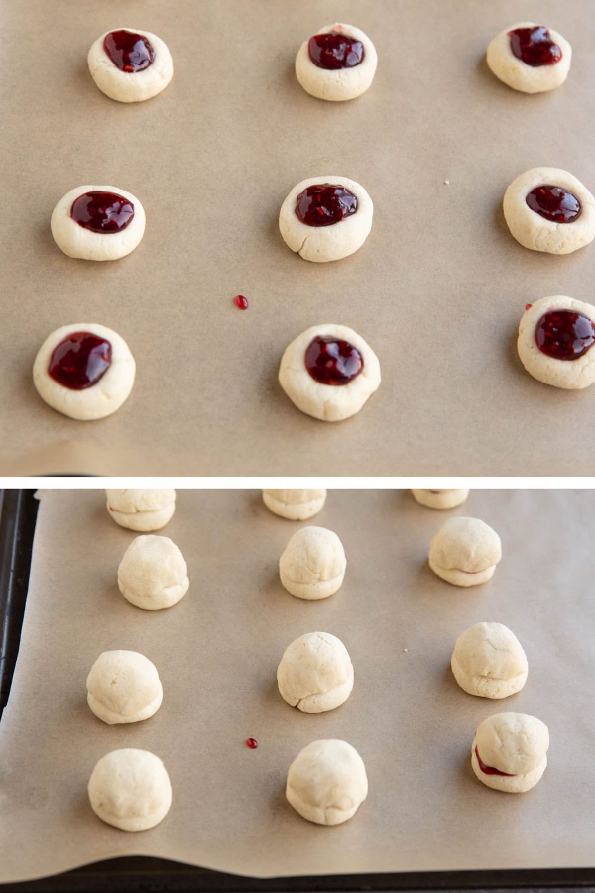 A photo of cookie dough filled with raspberry jam with the jam left open and exposed on top of a photo of balls of dough filled with raspberry jam on a baking sheet.