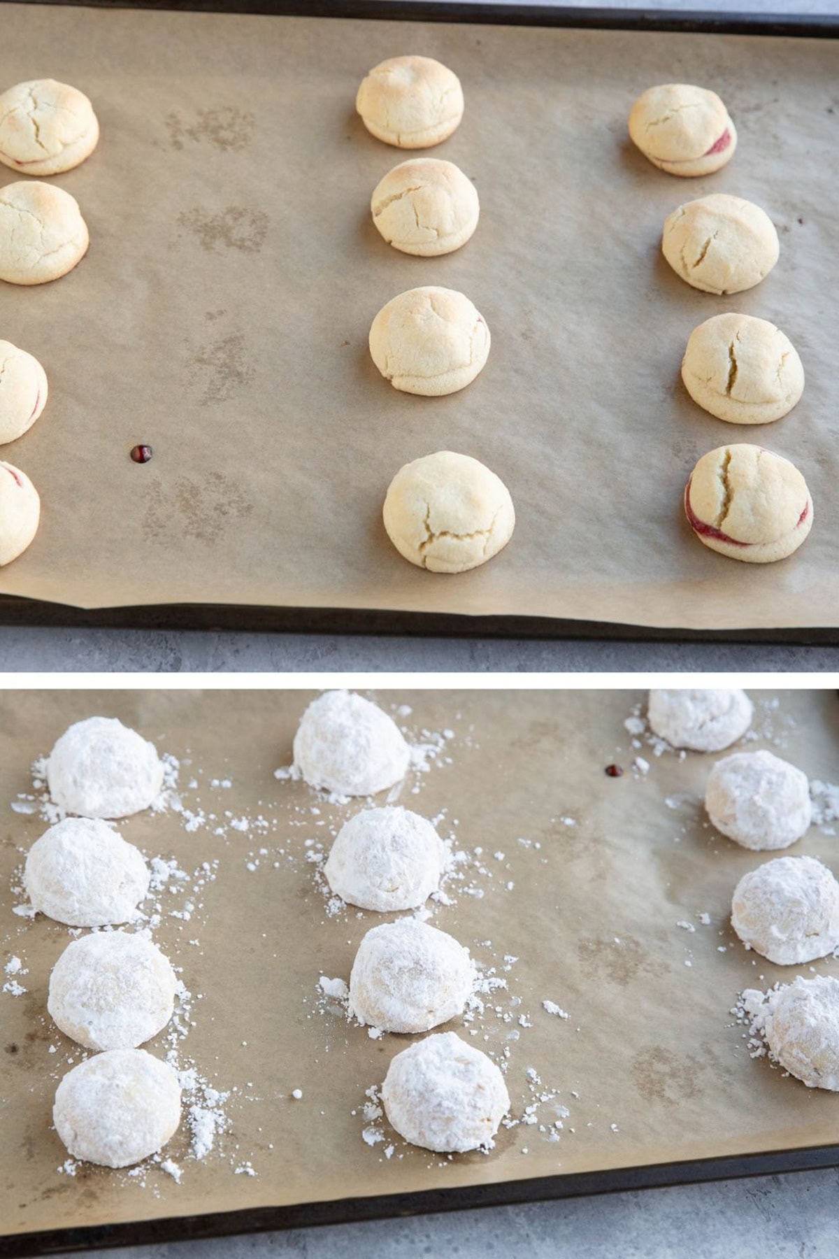 An image of finished raspberry-filled cookies on a baking sheet fresh out of the oven on top of an image of snowball cookies dusted with powdered sugar on a baking dish.