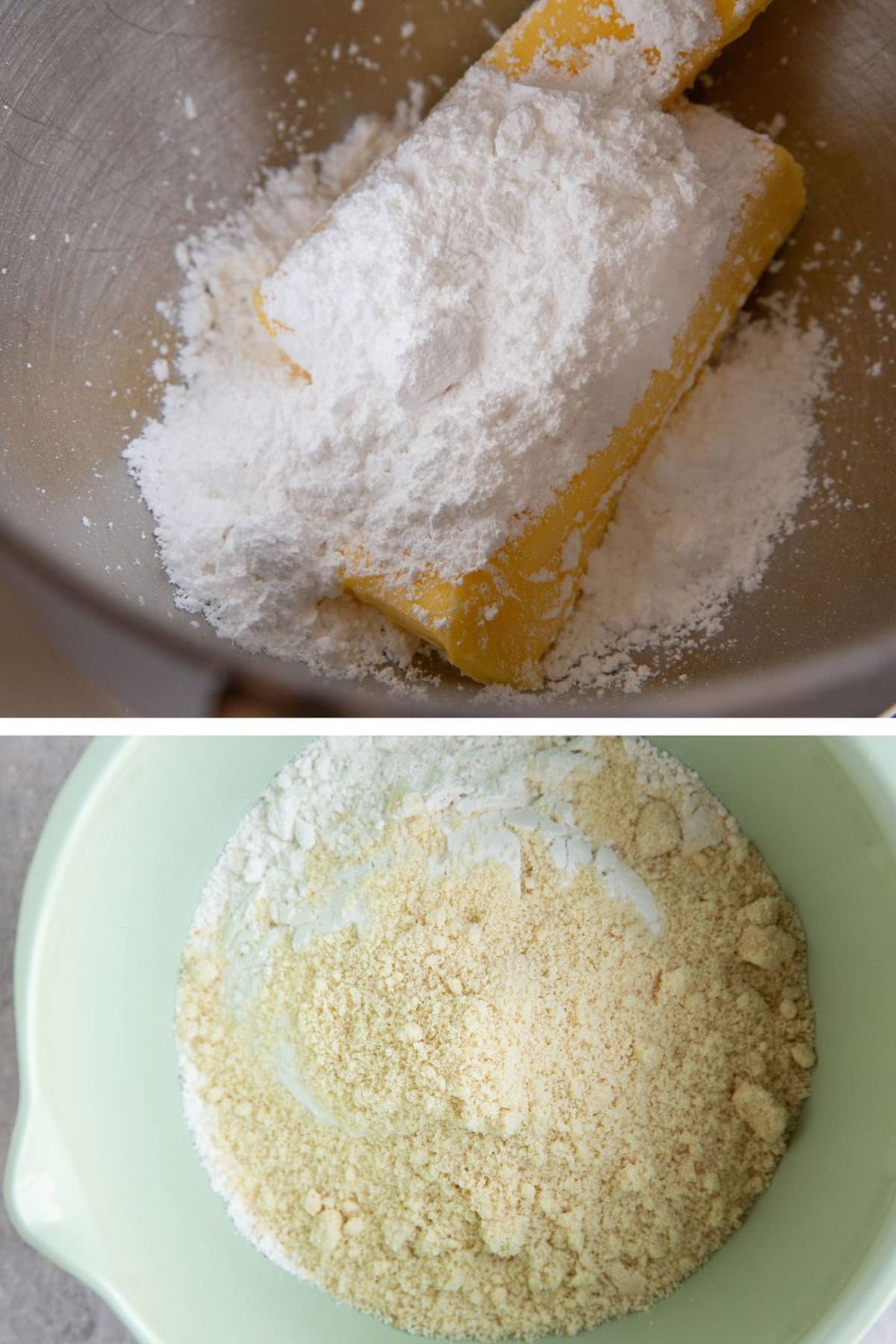 Two photos demonstrating steps to prepare the recipe. The photo on top is of two sticks of butter and powdered sugar in a mixing bowl. The photo below is the dry ingredients (flours, sea salt, etc) to be mixed in.