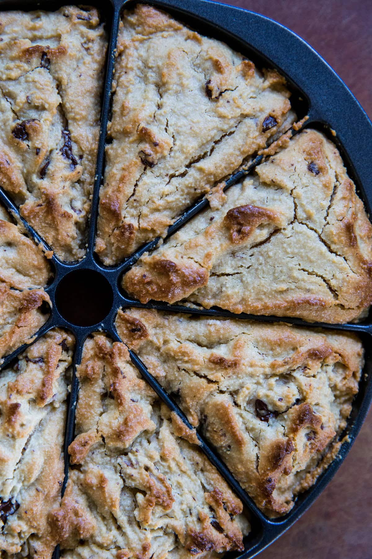 Scone pan with chocolate chip scones inside. Fresh out of the oven and ready to serve.