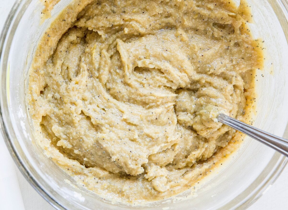 Lemon poppy seed scone dough in a large mixing bowl, mixed and ready to bake.