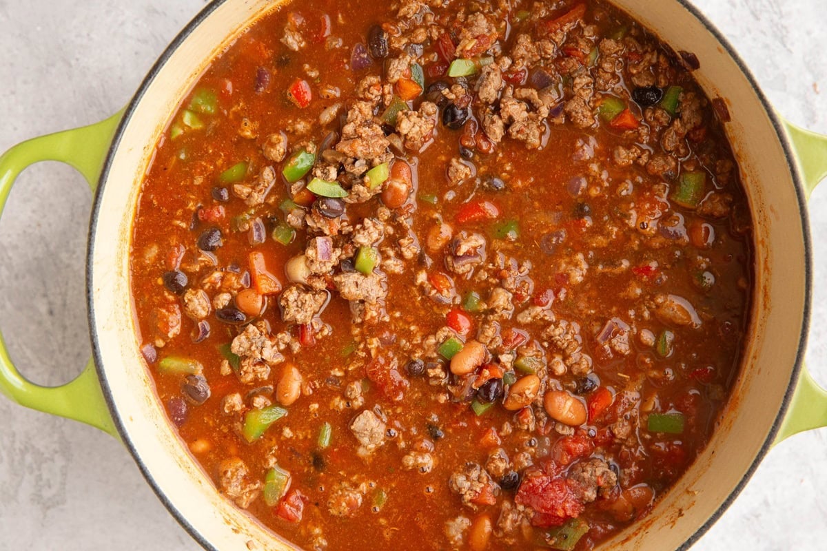 Large pot full of elk chili, ready to serve