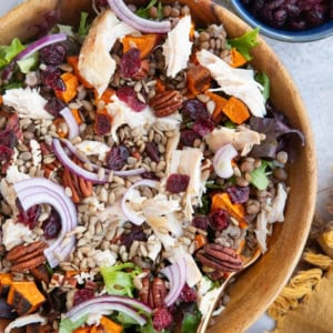 Large wooden bowl of salad with chicken, roasted sweet potatoes, lentils, pecans, dried cranberries, sunflower seeds, and red onions. a bowl of dried cranberries to the side and a jar of vinaigrette.