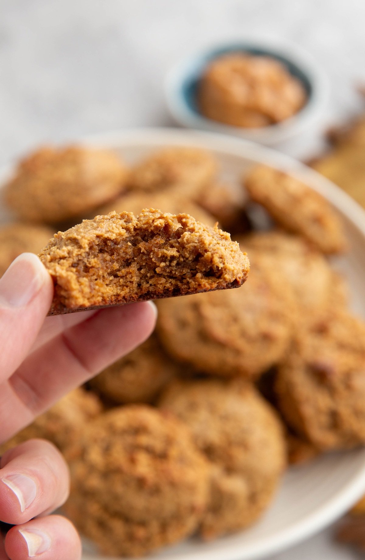 Hand holding a peanut butter cookie with a bite taken out to expose the soft inside.