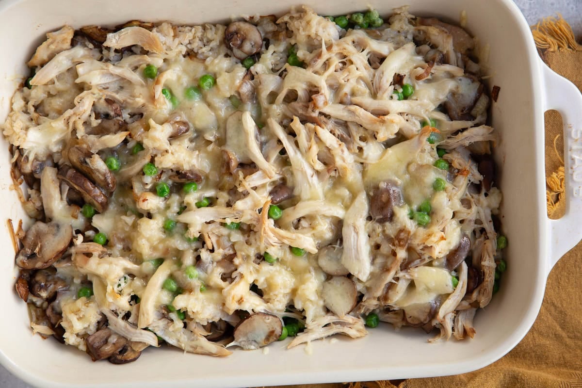 Large casserole dish with rotisserie chicken casserole inside, fresh out of the oven and ready to serve.