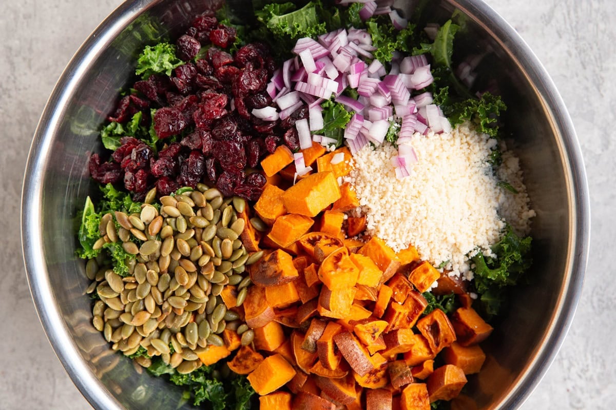 Large stainless steel bowl full of kale leaves, roasted sweet potatoes, red onions, pumpkin seeds, and parmesan cheese, ready to be mixed up into a salad.