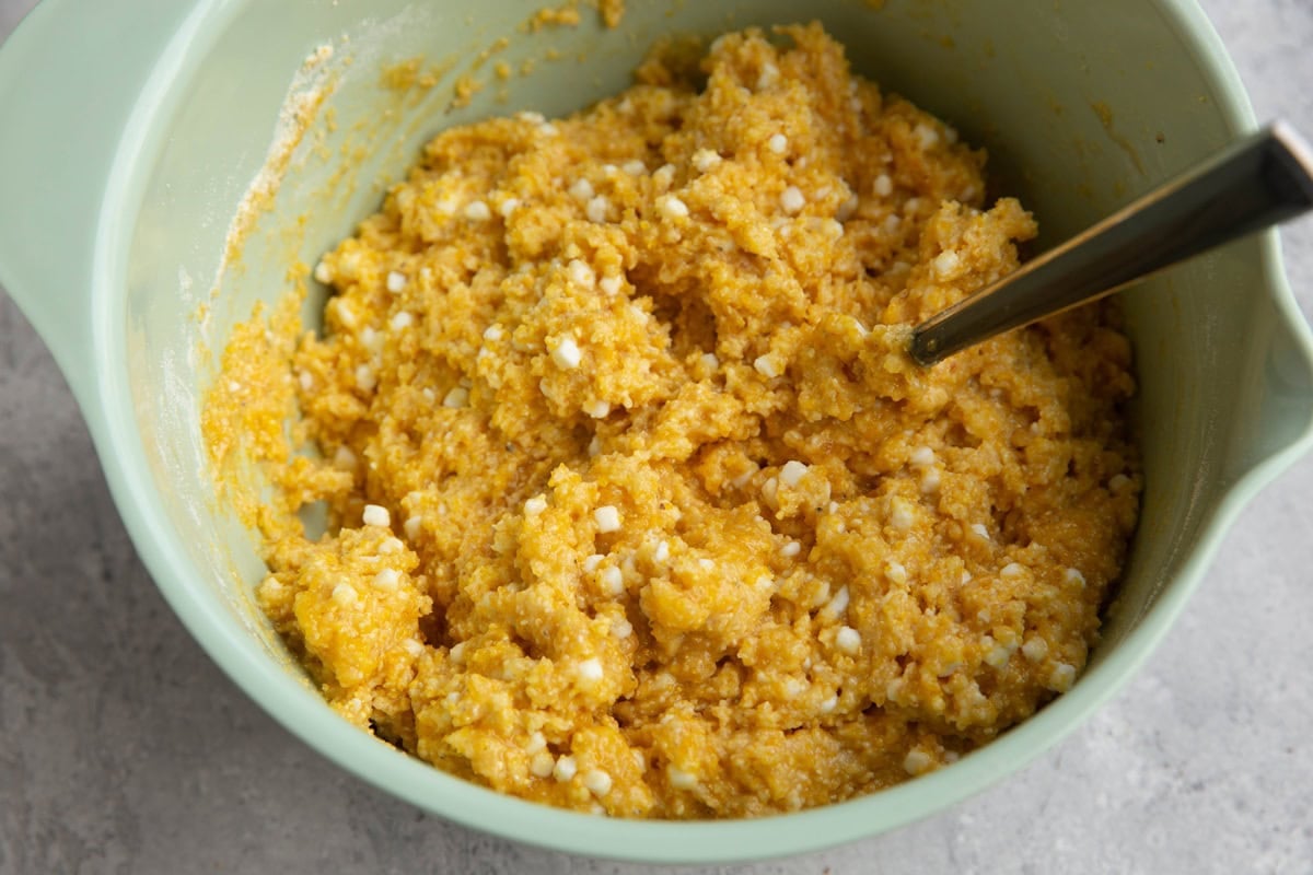Cornbread batter in a mixing bowl.