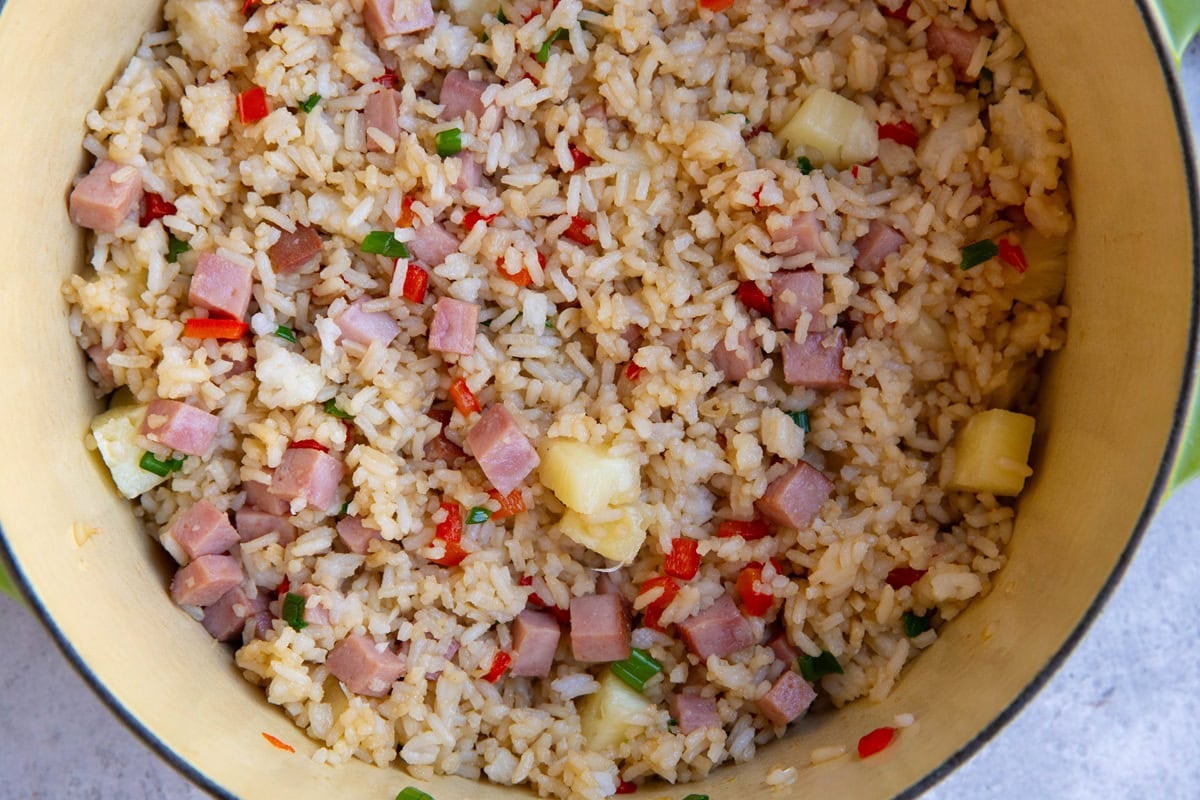 Large pot of Hawaiian rice, all finished and ready to eat.