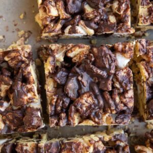 S'mores bars on a sheet of parchment paper cut into squares.