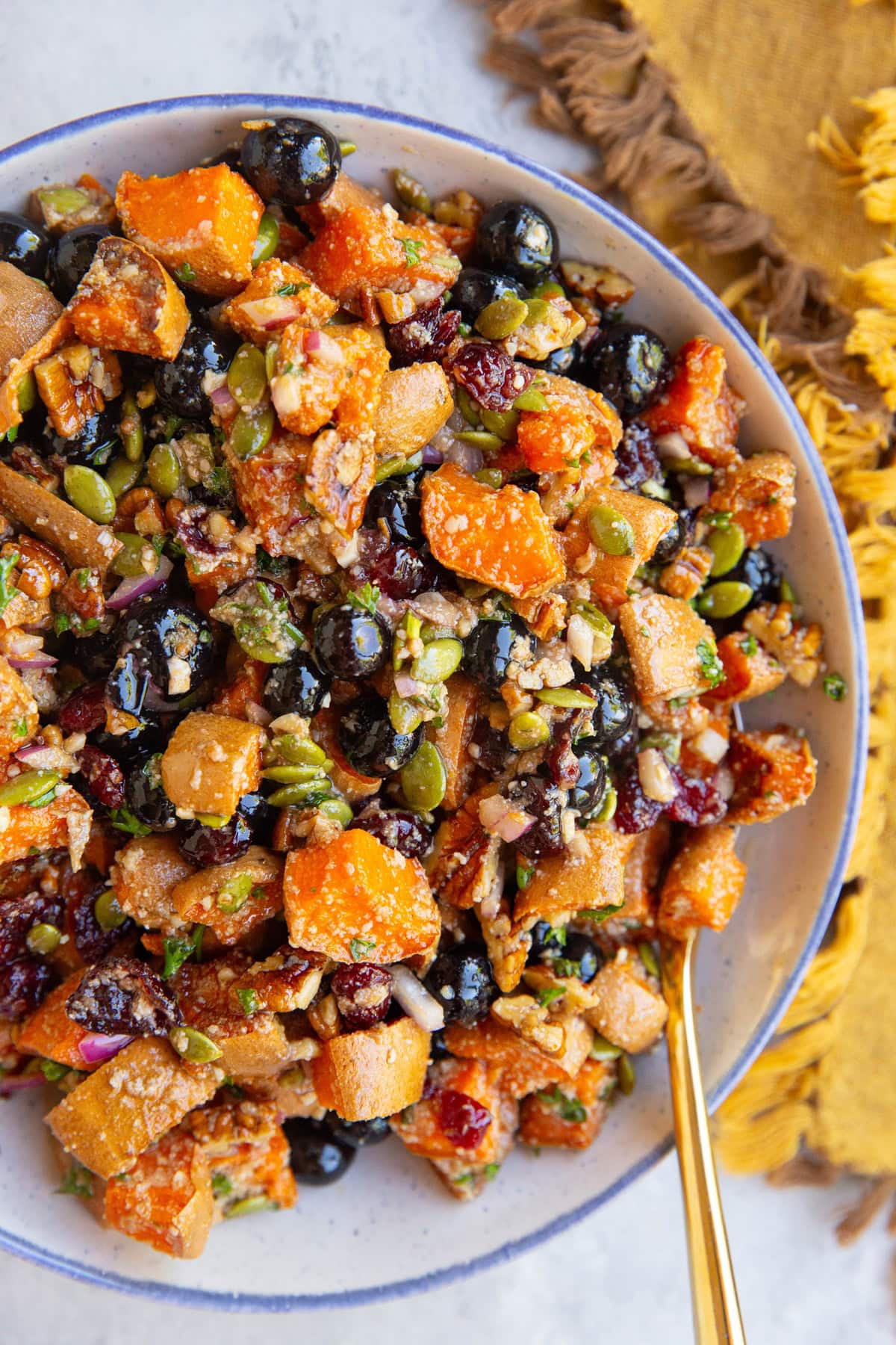 large blue-rimmed bowl full of sweet potato salad with blueberries, cranberries, nuts, and more. A golden spoon and a napkin to the side.