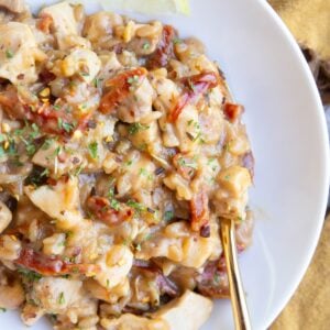 White wide-mouth bowl full of sun-dried tomato chicken orzo pasta with a slice of lemon and a golden fork to the side.