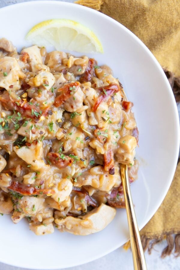 White wide-mouth bowl full of sun-dried tomato chicken orzo pasta with a slice of lemon and a golden fork to the side.