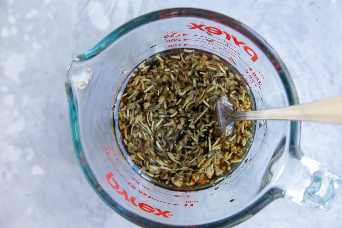 Marinade ingredients in a measuring cup ready to use to marinate pork.
