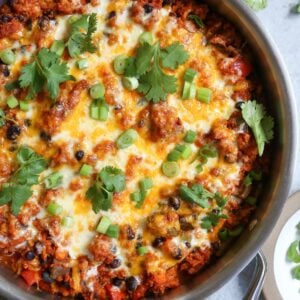 Stainless steel skillet with turkey enchilada with black beans, rice, enchilada sauce, and cheese topped with cilantro and green onions.