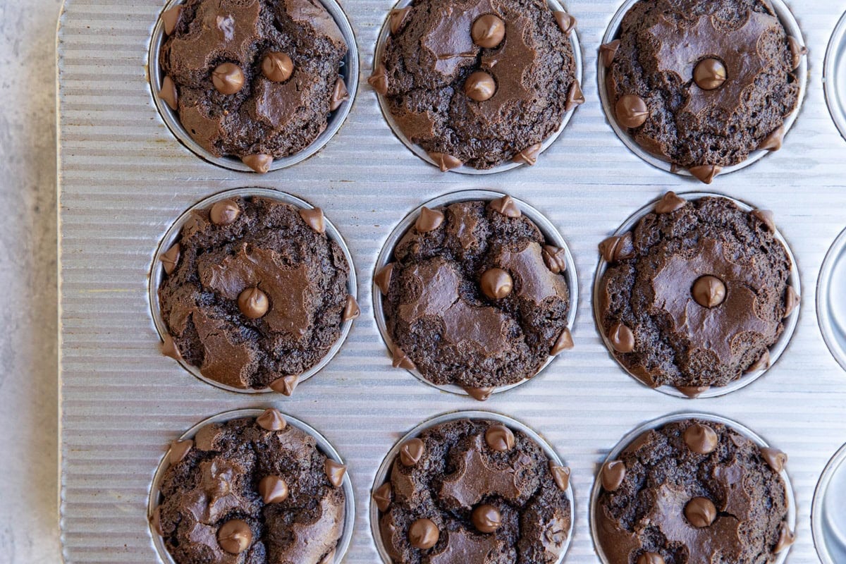 Muffin tray with 9 chocolate muffins inside, fresh out of the oven.