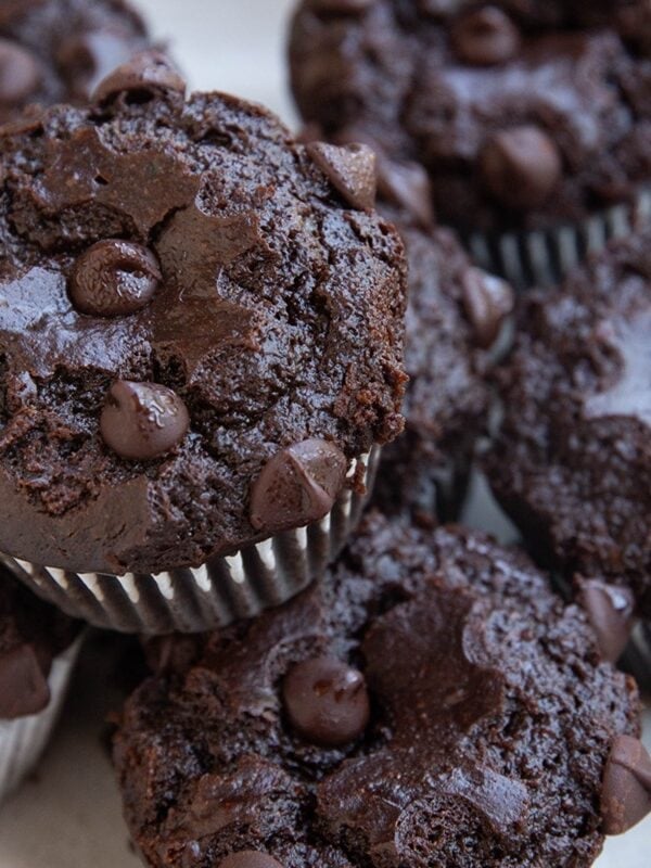 Plate of zucchini chocolate muffins, ready to eat.