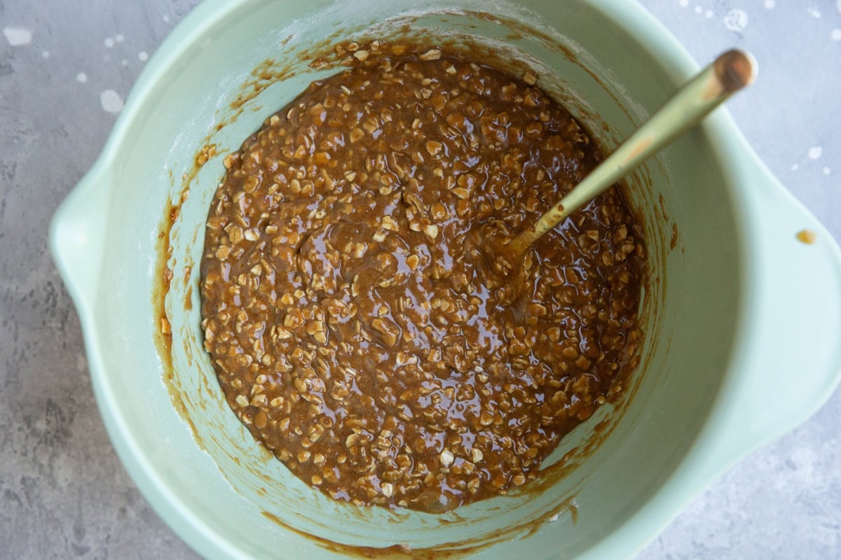 Mixing bowl with oatmeal cookie dough inside, ready to go into the refrigerator.