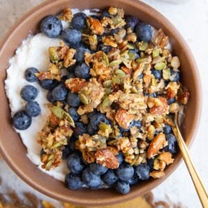 Brown bowl full of plain Greek yogurt, blueberries, and homemade granola with the jar of granola to the side.