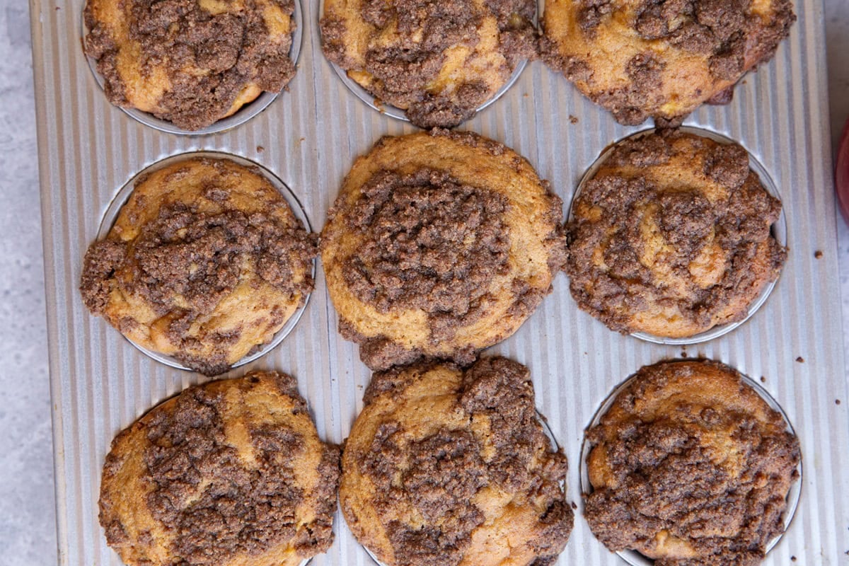 Muffin pan with apple cinnamon muffins baked inside. Fresh out of the oven and ready to eat.