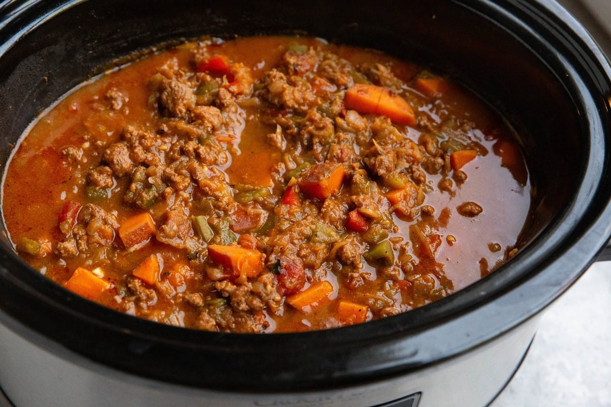 Crock pot full of beef, pumpkin and sweet potato chili.