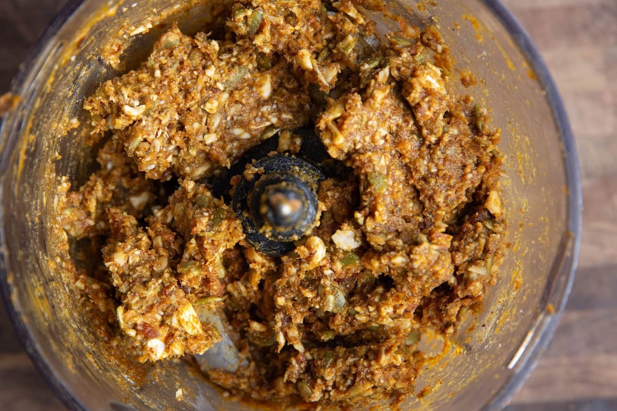 Thick dough made out of nuts, seeds, pumpkin, etc. in a food processor to turn into snack balls.