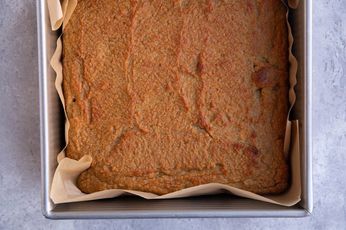 Spice cake in a cake pan, fresh out of the oven.